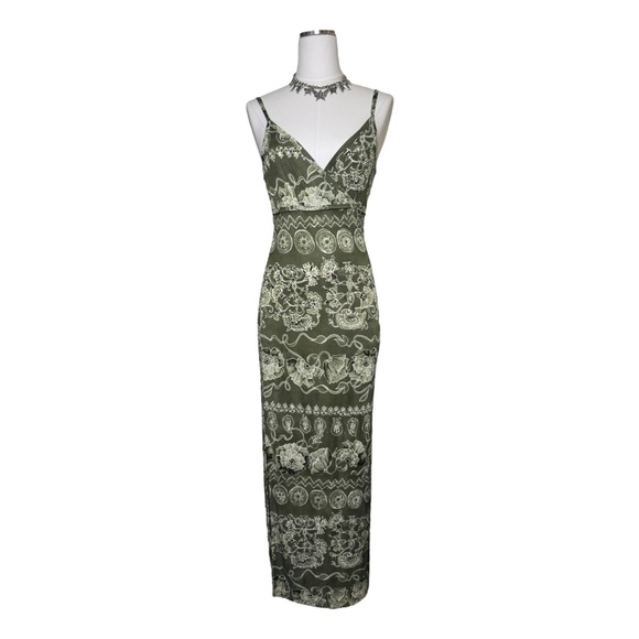 Y2K 579 Green Boho Maxi Slit V Neck Dress Size Extra Small - Picture 1 of 8